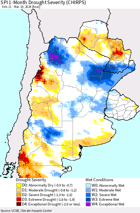 Southern South America SPI 1-Month Drought Severity (CHIRPS) Thematic Map For 2/11/2024 - 3/10/2024