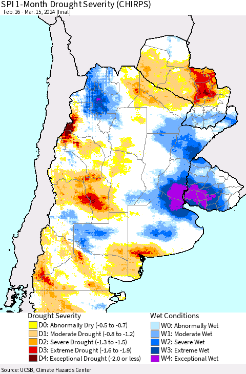 Southern South America SPI 1-Month Drought Severity (CHIRPS) Thematic Map For 2/16/2024 - 3/15/2024