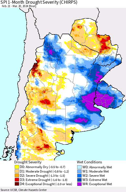 Southern South America SPI 1-Month Drought Severity (CHIRPS) Thematic Map For 2/21/2024 - 3/20/2024