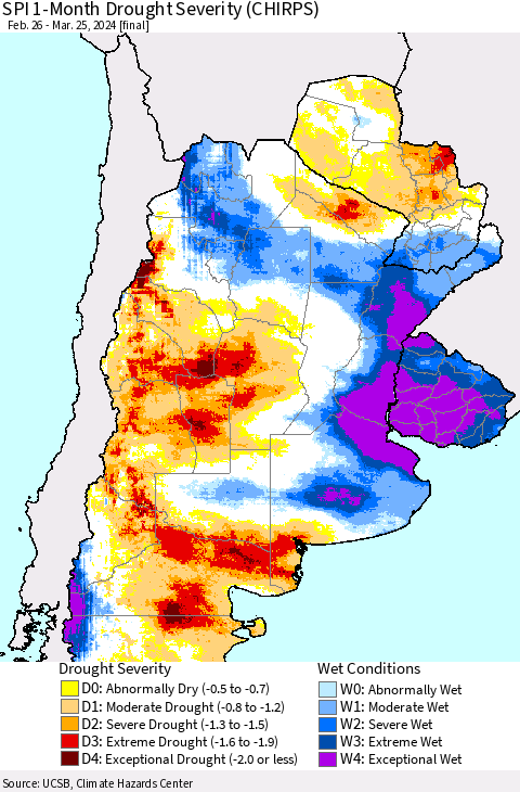 Southern South America SPI 1-Month Drought Severity (CHIRPS) Thematic Map For 2/26/2024 - 3/25/2024