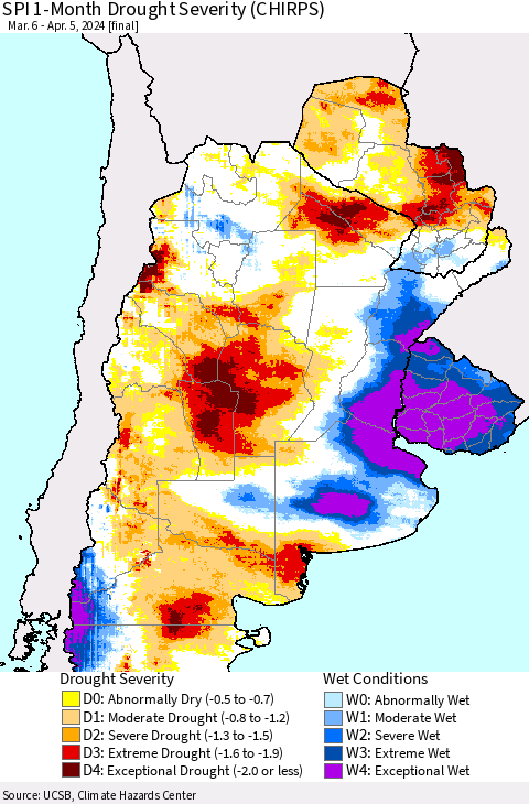 Southern South America SPI 1-Month Drought Severity (CHIRPS) Thematic Map For 3/6/2024 - 4/5/2024