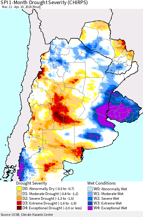 Southern South America SPI 1-Month Drought Severity (CHIRPS) Thematic Map For 3/11/2024 - 4/10/2024