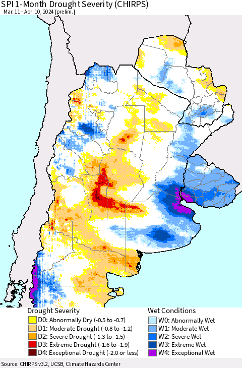 Southern South America SPI 1-Month Drought Severity (CHIRPS) Thematic Map For 3/11/2024 - 4/10/2024