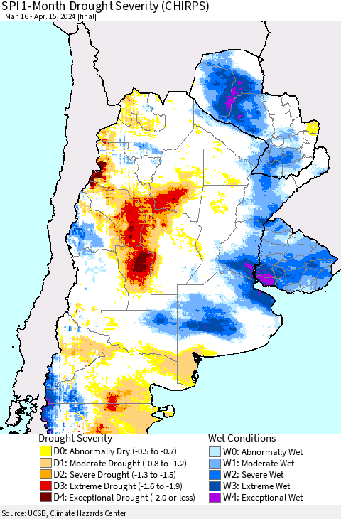 Southern South America SPI 1-Month Drought Severity (CHIRPS) Thematic Map For 3/16/2024 - 4/15/2024