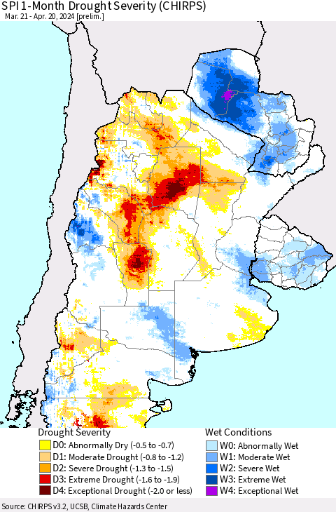 Southern South America SPI 1-Month Drought Severity (CHIRPS) Thematic Map For 3/21/2024 - 4/20/2024