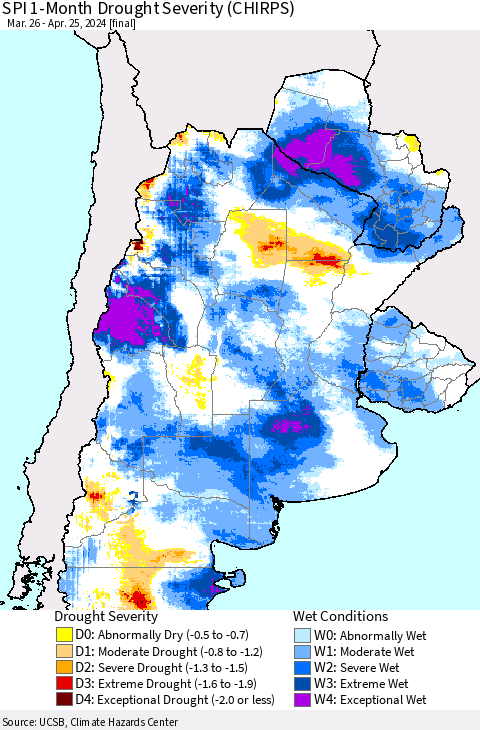 Southern South America SPI 1-Month Drought Severity (CHIRPS) Thematic Map For 3/26/2024 - 4/25/2024