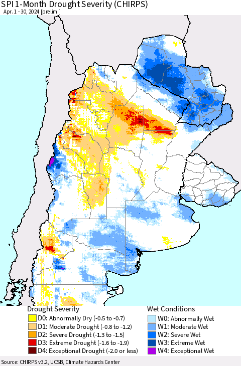 Southern South America SPI 1-Month Drought Severity (CHIRPS) Thematic Map For 4/1/2024 - 4/30/2024