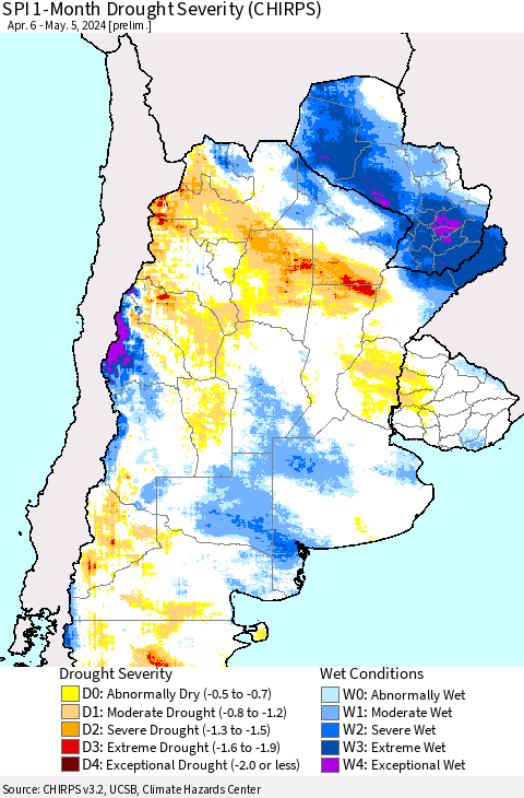 Southern South America SPI 1-Month Drought Severity (CHIRPS) Thematic Map For 4/6/2024 - 5/5/2024