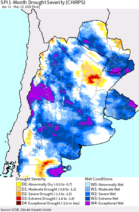 Southern South America SPI 1-Month Drought Severity (CHIRPS) Thematic Map For 4/11/2024 - 5/10/2024