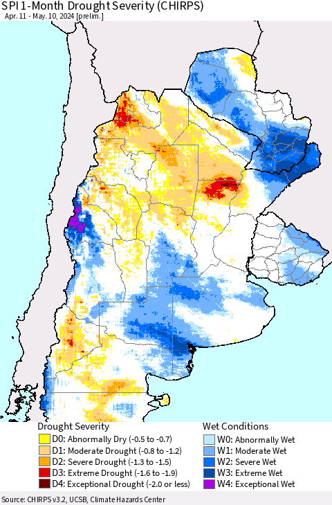 Southern South America SPI 1-Month Drought Severity (CHIRPS) Thematic Map For 4/11/2024 - 5/10/2024
