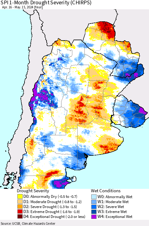 Southern South America SPI 1-Month Drought Severity (CHIRPS) Thematic Map For 4/16/2024 - 5/15/2024