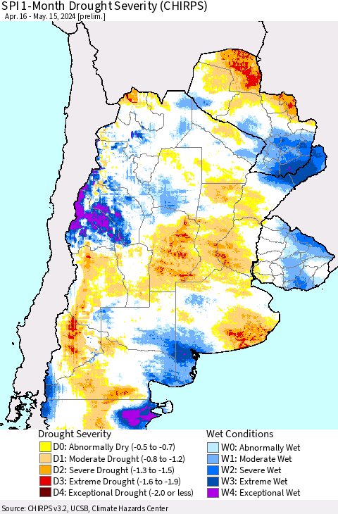 Southern South America SPI 1-Month Drought Severity (CHIRPS) Thematic Map For 4/16/2024 - 5/15/2024