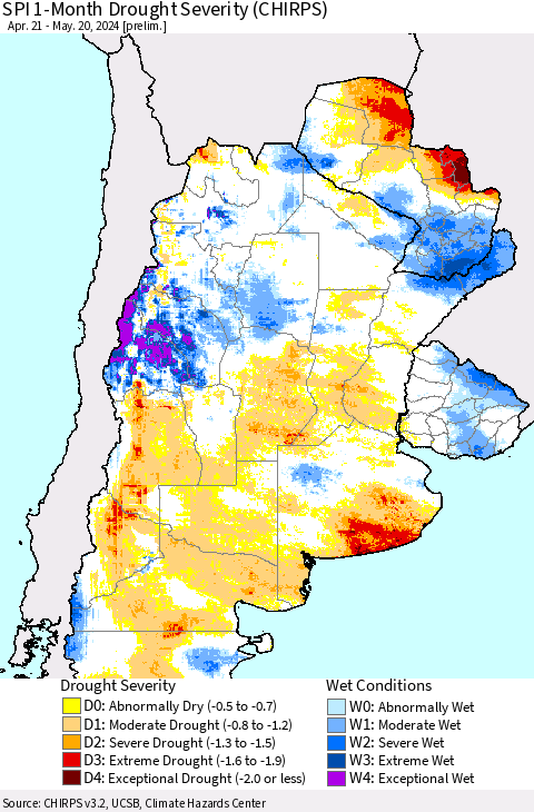 Southern South America SPI 1-Month Drought Severity (CHIRPS) Thematic Map For 4/21/2024 - 5/20/2024