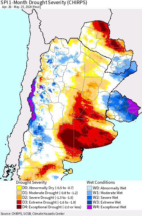 Southern South America SPI 1-Month Drought Severity (CHIRPS) Thematic Map For 4/26/2024 - 5/25/2024