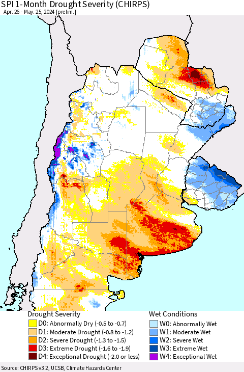 Southern South America SPI 1-Month Drought Severity (CHIRPS) Thematic Map For 4/26/2024 - 5/25/2024