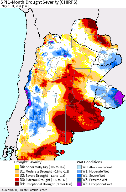 Southern South America SPI 1-Month Drought Severity (CHIRPS) Thematic Map For 5/1/2024 - 5/31/2024