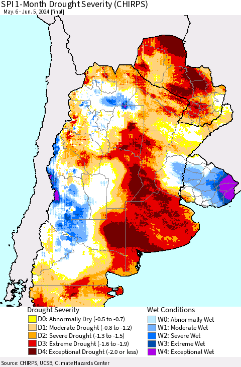Southern South America SPI 1-Month Drought Severity (CHIRPS) Thematic Map For 5/6/2024 - 6/5/2024
