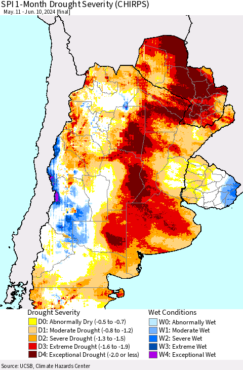 Southern South America SPI 1-Month Drought Severity (CHIRPS) Thematic Map For 5/11/2024 - 6/10/2024