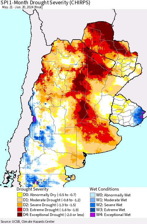 Southern South America SPI 1-Month Drought Severity (CHIRPS) Thematic Map For 5/21/2024 - 6/20/2024