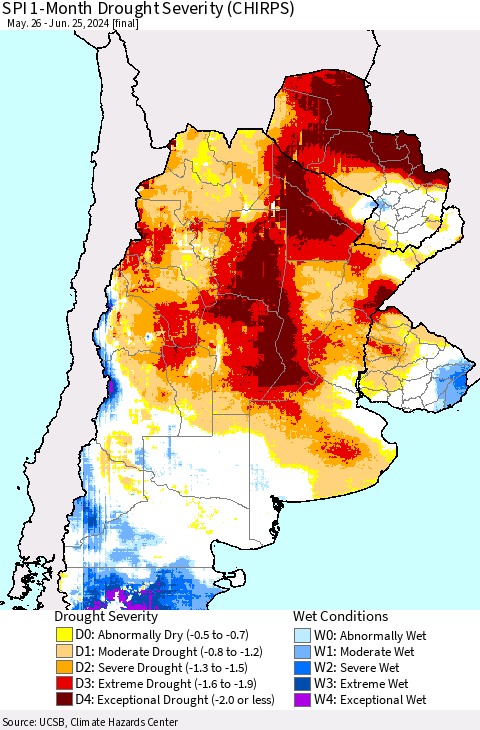 Southern South America SPI 1-Month Drought Severity (CHIRPS) Thematic Map For 5/26/2024 - 6/25/2024