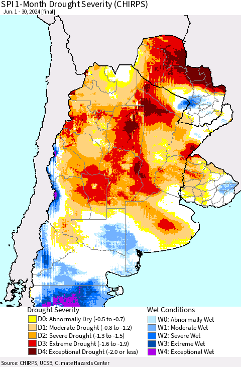 Southern South America SPI 1-Month Drought Severity (CHIRPS) Thematic Map For 6/1/2024 - 6/30/2024