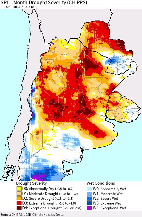 Southern South America SPI 1-Month Drought Severity (CHIRPS) Thematic Map For 6/6/2024 - 7/5/2024