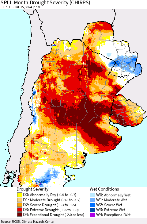 Southern South America SPI 1-Month Drought Severity (CHIRPS) Thematic Map For 6/16/2024 - 7/15/2024
