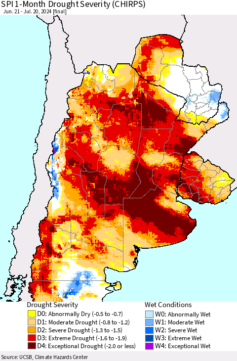 Southern South America SPI 1-Month Drought Severity (CHIRPS) Thematic Map For 6/21/2024 - 7/20/2024
