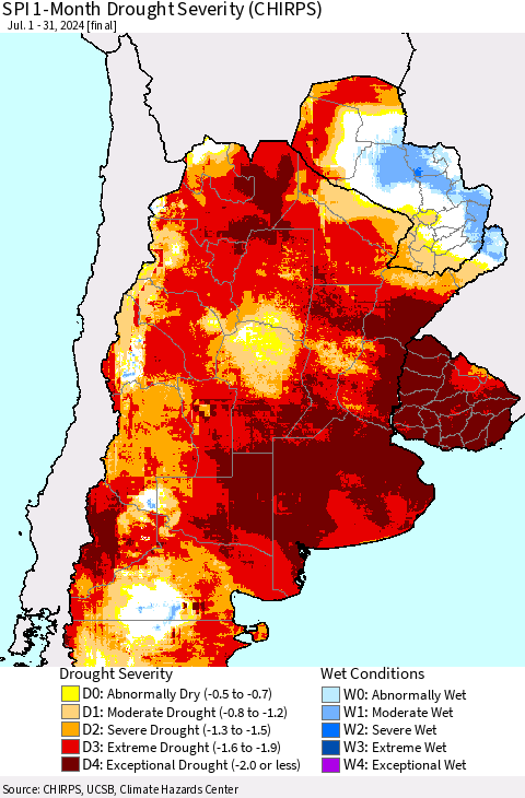Southern South America SPI 1-Month Drought Severity (CHIRPS) Thematic Map For 7/1/2024 - 7/31/2024