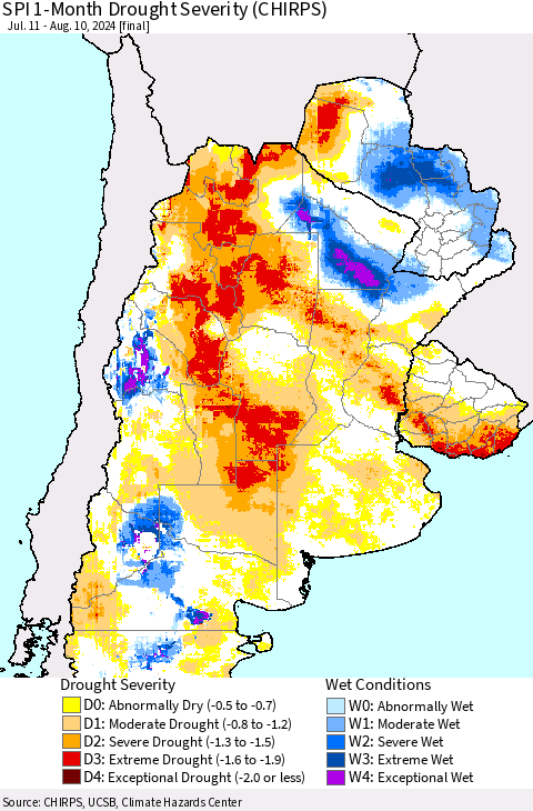 Southern South America SPI 1-Month Drought Severity (CHIRPS) Thematic Map For 7/11/2024 - 8/10/2024