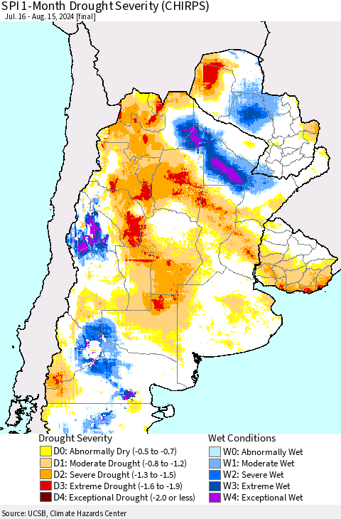 Southern South America SPI 1-Month Drought Severity (CHIRPS) Thematic Map For 7/16/2024 - 8/15/2024