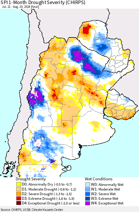Southern South America SPI 1-Month Drought Severity (CHIRPS) Thematic Map For 7/21/2024 - 8/20/2024