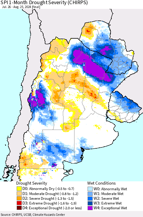 Southern South America SPI 1-Month Drought Severity (CHIRPS) Thematic Map For 7/26/2024 - 8/25/2024