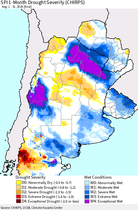 Southern South America SPI 1-Month Drought Severity (CHIRPS) Thematic Map For 8/1/2024 - 8/31/2024