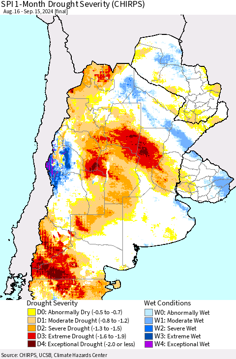 Southern South America SPI 1-Month Drought Severity (CHIRPS) Thematic Map For 8/16/2024 - 9/15/2024