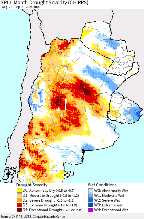Southern South America SPI 1-Month Drought Severity (CHIRPS) Thematic Map For 8/21/2024 - 9/20/2024