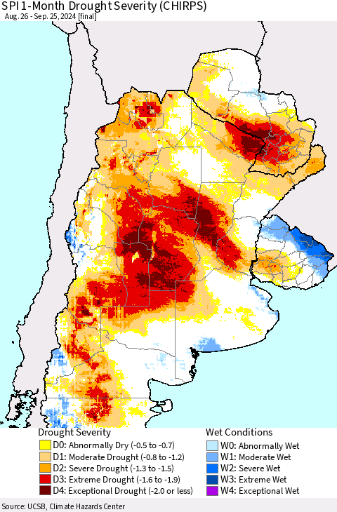 Southern South America SPI 1-Month Drought Severity (CHIRPS) Thematic Map For 8/26/2024 - 9/25/2024