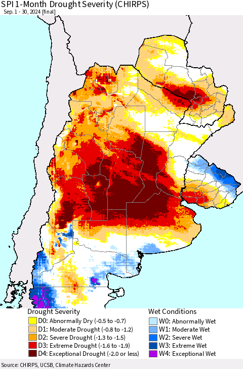 Southern South America SPI 1-Month Drought Severity (CHIRPS) Thematic Map For 9/1/2024 - 9/30/2024
