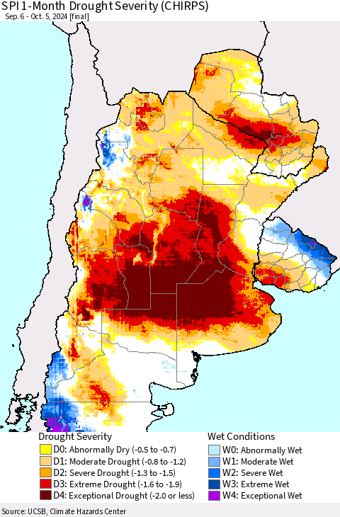 Southern South America SPI 1-Month Drought Severity (CHIRPS) Thematic Map For 9/6/2024 - 10/5/2024