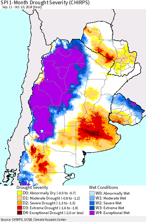 Southern South America SPI 1-Month Drought Severity (CHIRPS) Thematic Map For 9/11/2024 - 10/10/2024