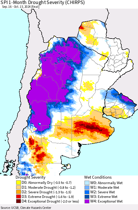 Southern South America SPI 1-Month Drought Severity (CHIRPS) Thematic Map For 9/16/2024 - 10/15/2024
