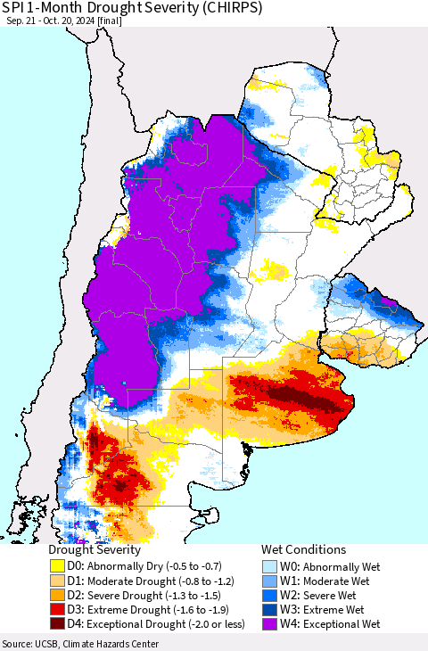 Southern South America SPI 1-Month Drought Severity (CHIRPS) Thematic Map For 9/21/2024 - 10/20/2024