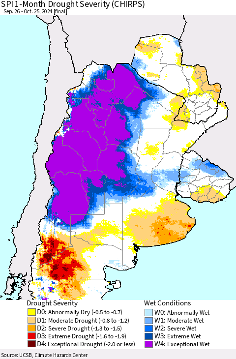 Southern South America SPI 1-Month Drought Severity (CHIRPS) Thematic Map For 9/26/2024 - 10/25/2024