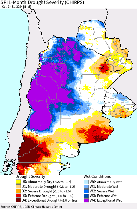 Southern South America SPI 1-Month Drought Severity (CHIRPS) Thematic Map For 10/1/2024 - 10/31/2024