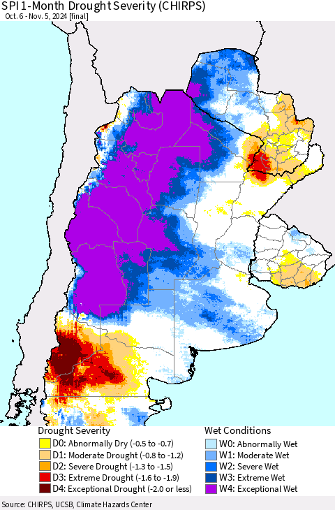 Southern South America SPI 1-Month Drought Severity (CHIRPS) Thematic Map For 10/6/2024 - 11/5/2024