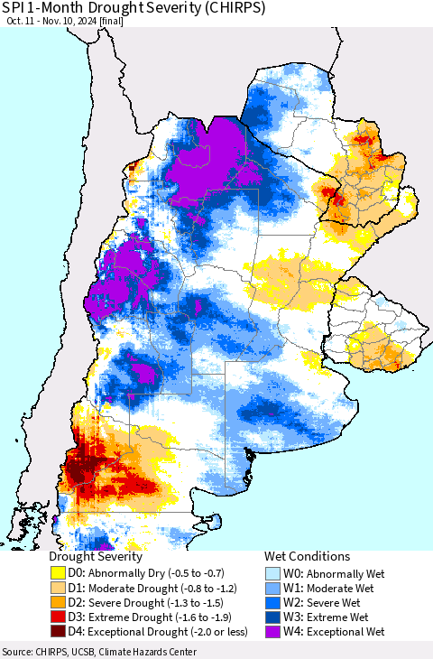 Southern South America SPI 1-Month Drought Severity (CHIRPS) Thematic Map For 10/11/2024 - 11/10/2024