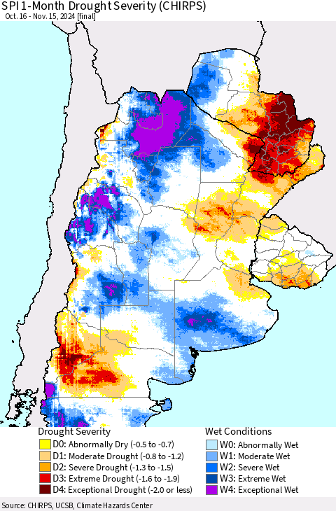 Southern South America SPI 1-Month Drought Severity (CHIRPS) Thematic Map For 10/16/2024 - 11/15/2024