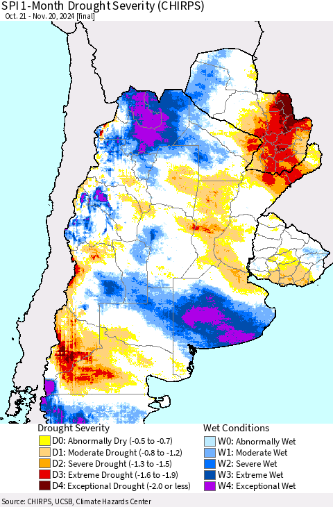Southern South America SPI 1-Month Drought Severity (CHIRPS) Thematic Map For 10/21/2024 - 11/20/2024
