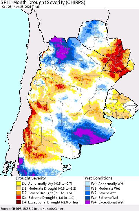 Southern South America SPI 1-Month Drought Severity (CHIRPS) Thematic Map For 10/26/2024 - 11/25/2024