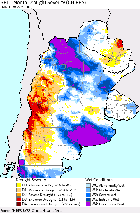 Southern South America SPI 1-Month Drought Severity (CHIRPS) Thematic Map For 11/1/2024 - 11/30/2024